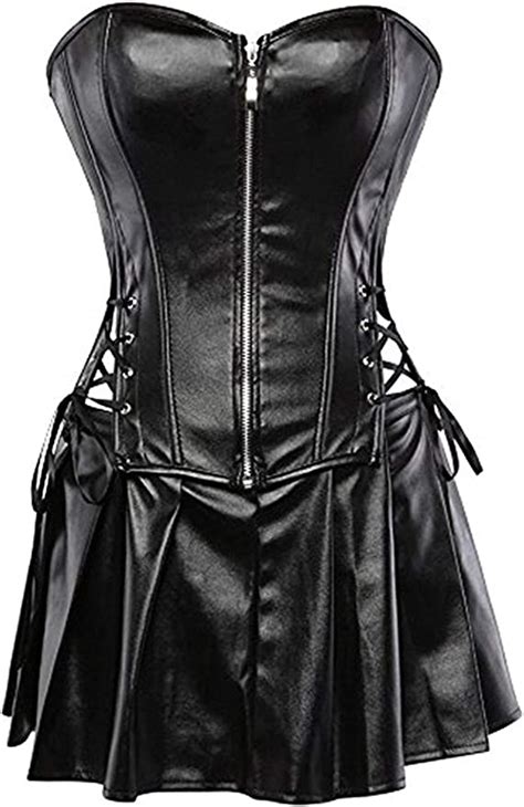 Ladies Gothic Faux Leather Black Business Leather Corset Corsage Dress