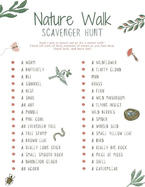 nature walk scavenger hunt  printable checklist