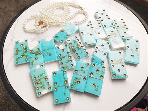 handmade dominoes  gift boxclear blue gold dominoes resin dominosdominos set   epoxy