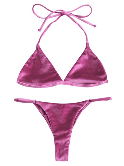 zaful velevt halter string bikini set medium violet red l bikini set