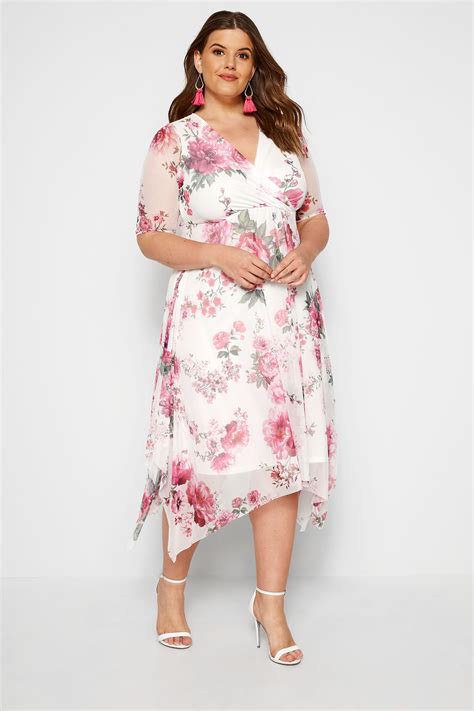 yours london pink floral mesh midi dress with hanky hem sizes 16 to