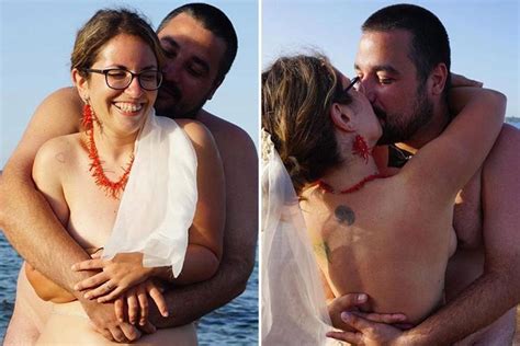 bride and groom wed in a naked beach ceremony… complete with nude bridesmaid best man and registrar