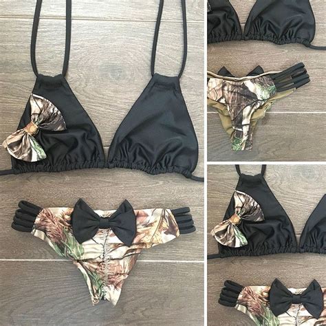Camo And Black Bikini With Cute Bows Camo Bikini Camo Swimsuit Bikinis