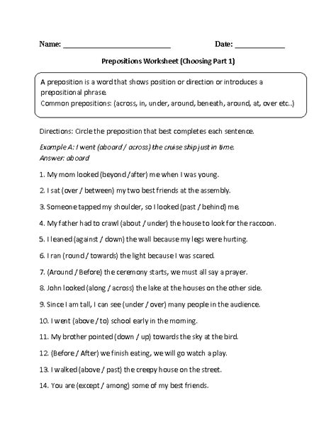prepositions worksheets choosing prepositions worksheet