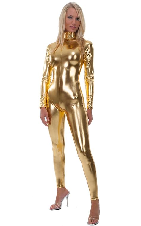back zipper catsuit bodysuit in metallic liquid gold