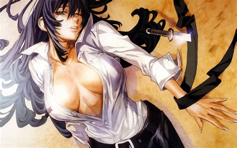 black hair cleavage long hair no bra open shirt tatakau shisho the book of bantorra weapon
