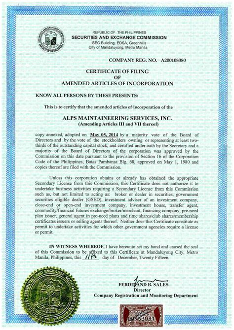 alps msi sec certificate  incorporation alps msi