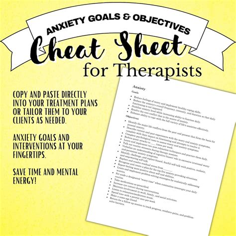 anxiety goals cheat sheet therapy goals   etsy
