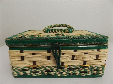 vintage wicker rectangle sewing basket  handle misc items etsy