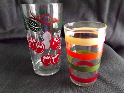 Three Vintage Glass Tumblers Cherries Colored Stripes Lady From