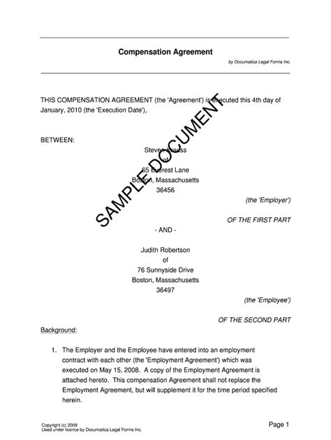 fillable  compensation agreement template form fax email print