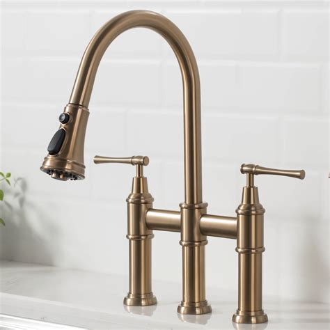 kraus allyn transitional bridge kitchen faucet  pull  sprayhead  brushed gold