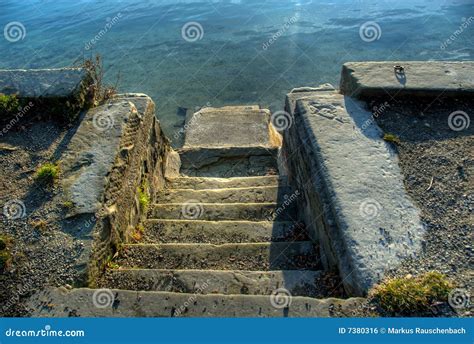 stairway leading   river stock photo image  constance rhine