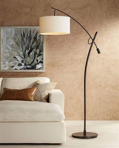 modern arc floor lamp bronze  white linen drum shade adjustable  living room reading