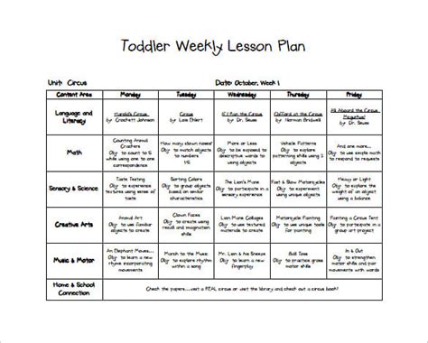 toddler lesson plan templates  word excel