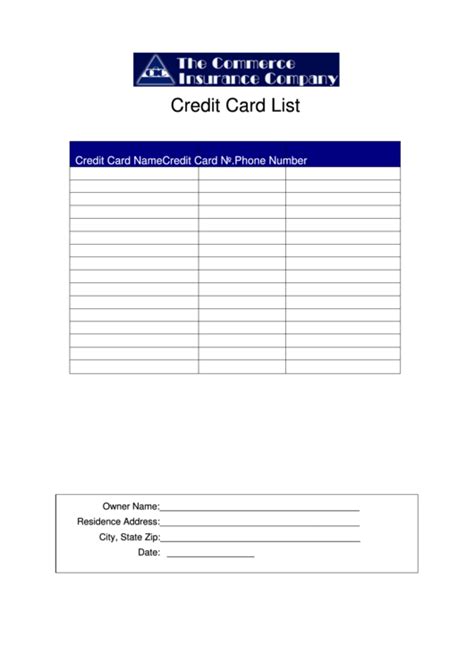 credit card list template printable