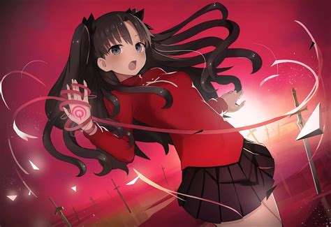 fate stay night skirt anime black hair twintails anime girls red