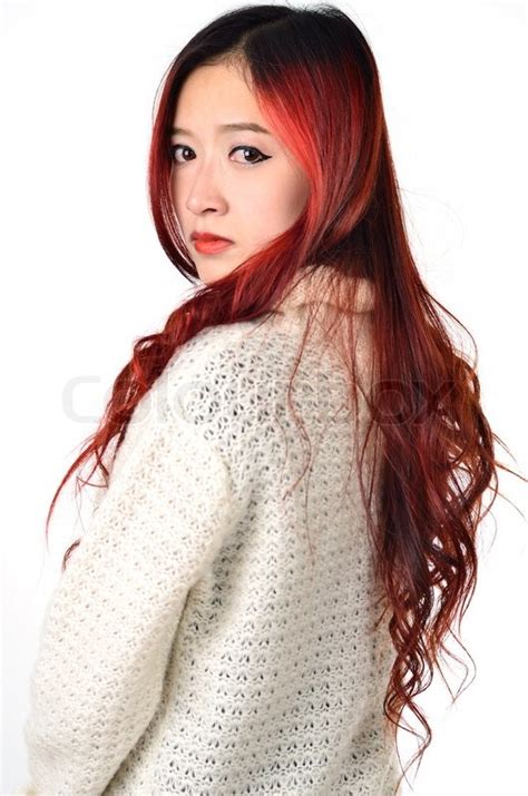 Asian Women With Red Color Long Hair In Modern Lifestyle