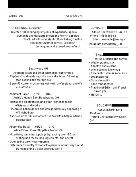 home baker resume sample