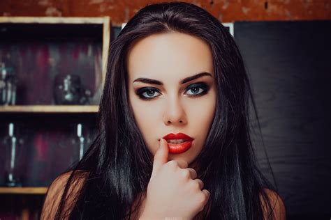 Wallpaper Face Women Model Long Hair Glasses Red Lipstick Black
