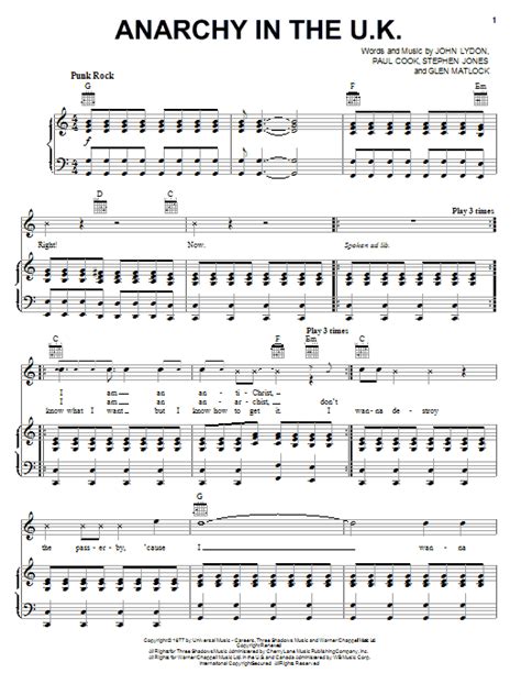 anarchy in the u k sheet music by sex pistols piano vocal and guitar right hand melody 77711