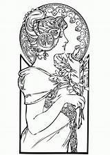 Coloring Nouveau Pages Adult Adults Deco Printable Style Drawing Color Femme Woman Book Mucha Beautiful Drawn Coloriage Alphonse Google Sheets sketch template