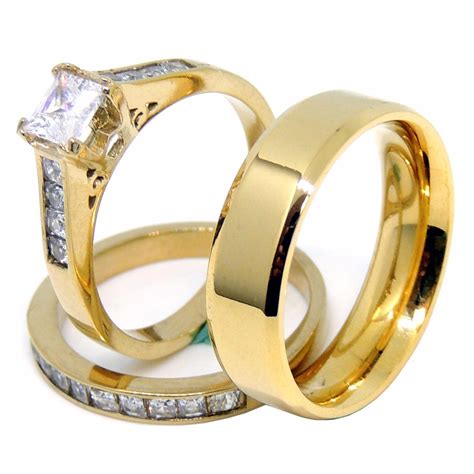couples ring set  gold plated mm princess cz wedding ring mens gol