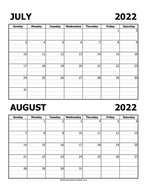 july august  calendar printable   month planner template