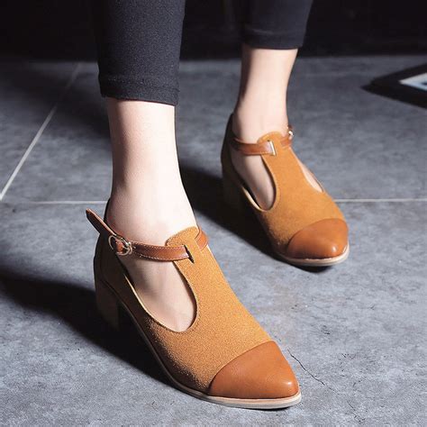 women pointed toe oxfords british style  heels patchwork buckle oxford shoes casual vintage