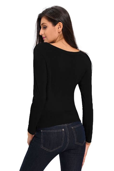 black v neck ladies long sleeve t shirts online store for women sexy