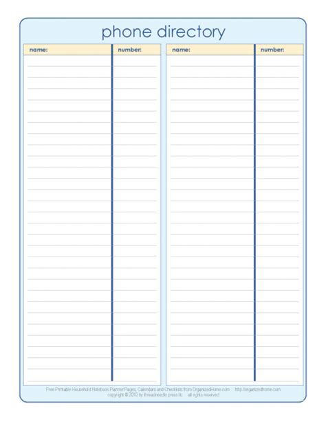 phone directory template household notebook templates printable