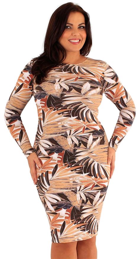 New Womens Plus Size Printed Long Sleeve Bodycon Mini Fitted Pencil