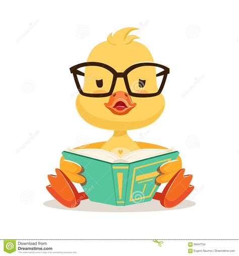 Little Yellow Duck Chick In Glasses Sitting And Reading Book Cute