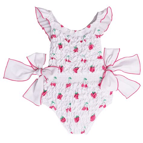 sal and pimenta girls frilled swimsuit pink jam berries with bows on hips