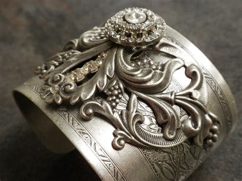 Rhinestone Bracelet Silver Cuff Art Nouveau Jewelry