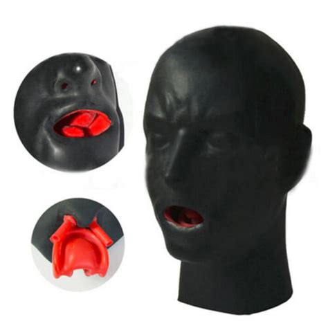 Men Black Latex Mask With Red Teeth Gag Nose Tube 1 0mm Thick Hood Back