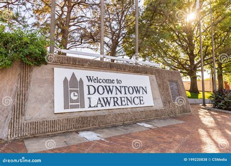 downtown lawrence sign  lawrence ks editorial stock photo