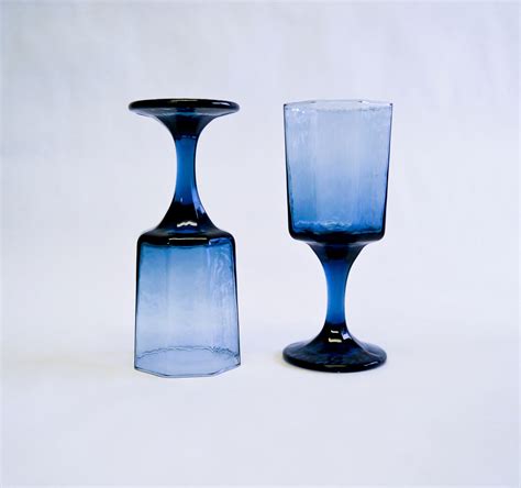 Dark Smoked Navy Blue Wine Glass Goblet Set Of 8 Vintage
