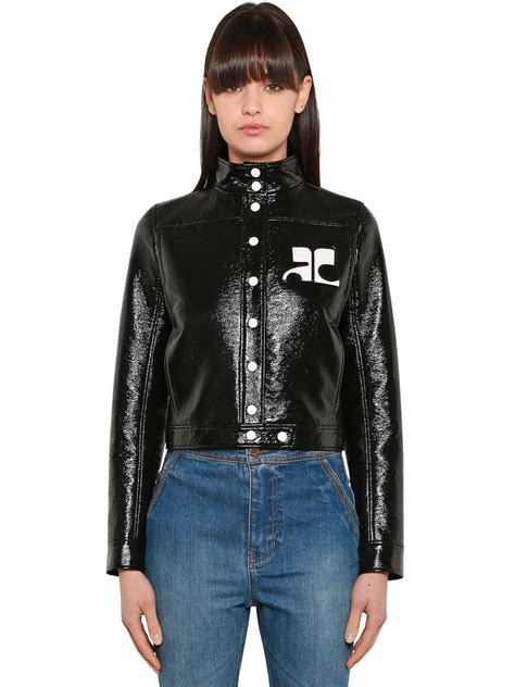 Courreges Logo Faux Patent Leather Jacket In Black Lyst