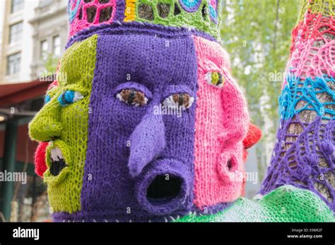 knitted street art yarn bombing tree melbourne australia stock photo
