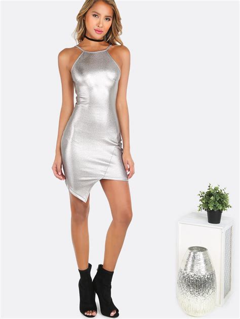 90s Neck Metallic Asymmetrical Bodycon Dress Silver Shein Sheinside