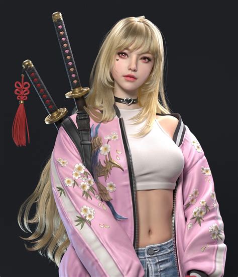 A Woman With Long Blonde Hair Holding Two Swords In One Hand And