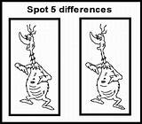 Seuss Dr Coloring Pages Printable Printables Spot Difference Worksheets Birthday Activities Suess Happy Labels Funny Therapy Differences Wonderfulthingsdaily Colouring Find sketch template