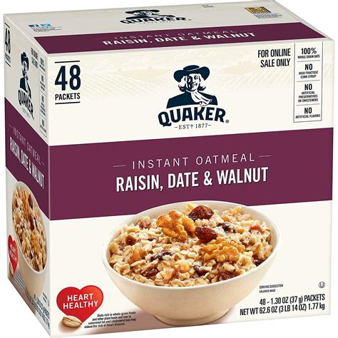 Quaker Instant Oatmeal Raisin Date And Walnut Individual Packets 48