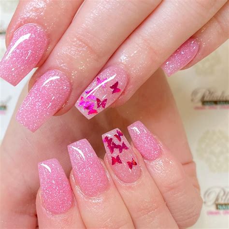pretty pink butterfly nails pink acrylic nails baby pink nails