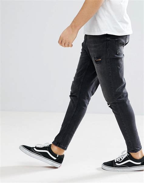 fashion clothing bershka skinny tapered jeans  washed black modysta