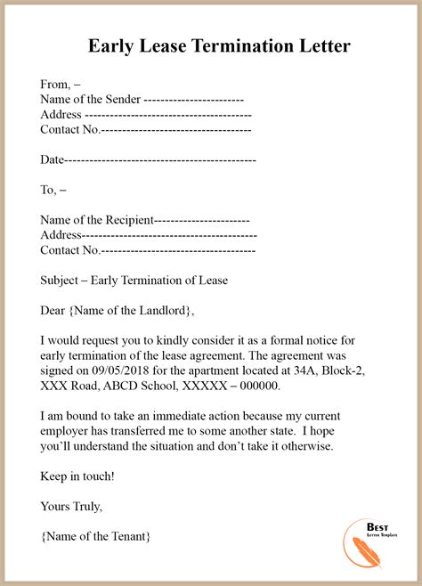 lease termination letter template format sample