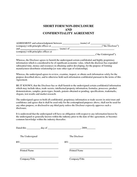 non disclosure agreement sample free printable documents
