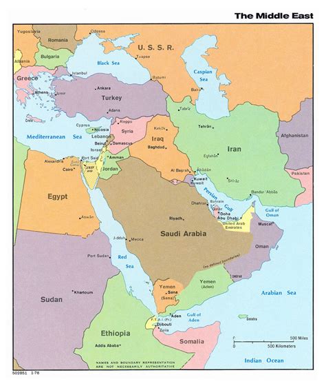 detailed political map   middle east  capitals  middle