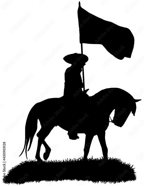 mexican cowboy riding  charro horse  carrying  flag vector illustration silhouette